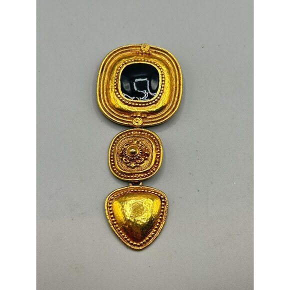 Matte Gold Tone Oversized Pin Brooch Etruscan Revival Geometric Black Enamel - Picture 2 of 6